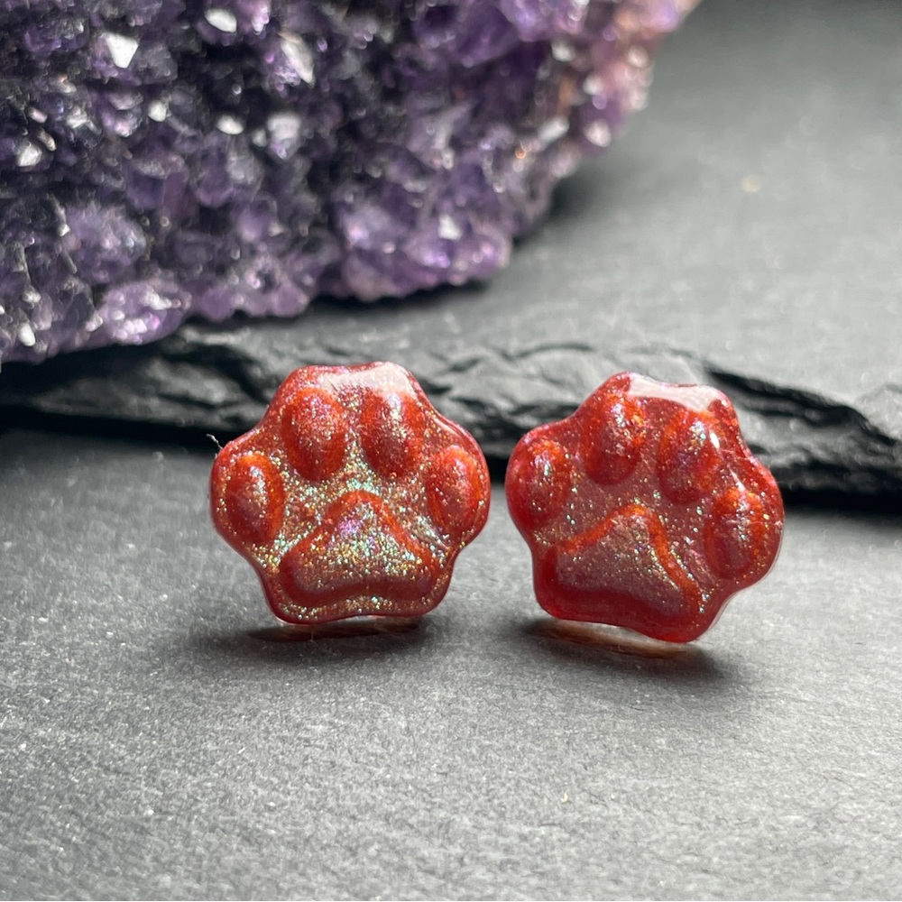 2/$18 Glitter Resin Hand Poured Resin Paw Stud Earrings - Picture 3 of 10